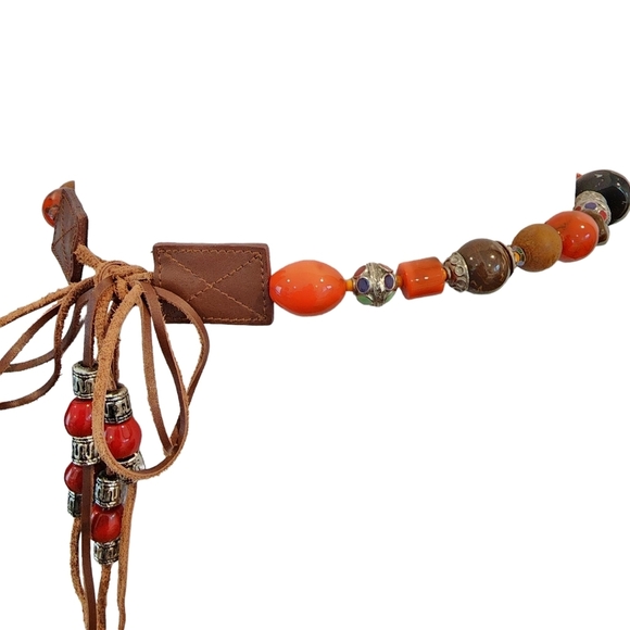 Vintage Accessories - Vintage Boho Belt Art Beads Leather Retro Hippie Bohemian Colorful Orange